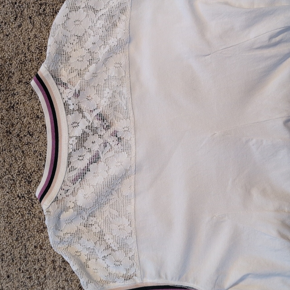 Free People Lace Trim White Top With Purple Black And Beige Sz XS - Picture 12 of 12